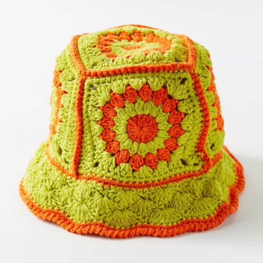 Urban Outfitters Bella Granny Square Crochet Bucket Hat Yellow + Orange OS